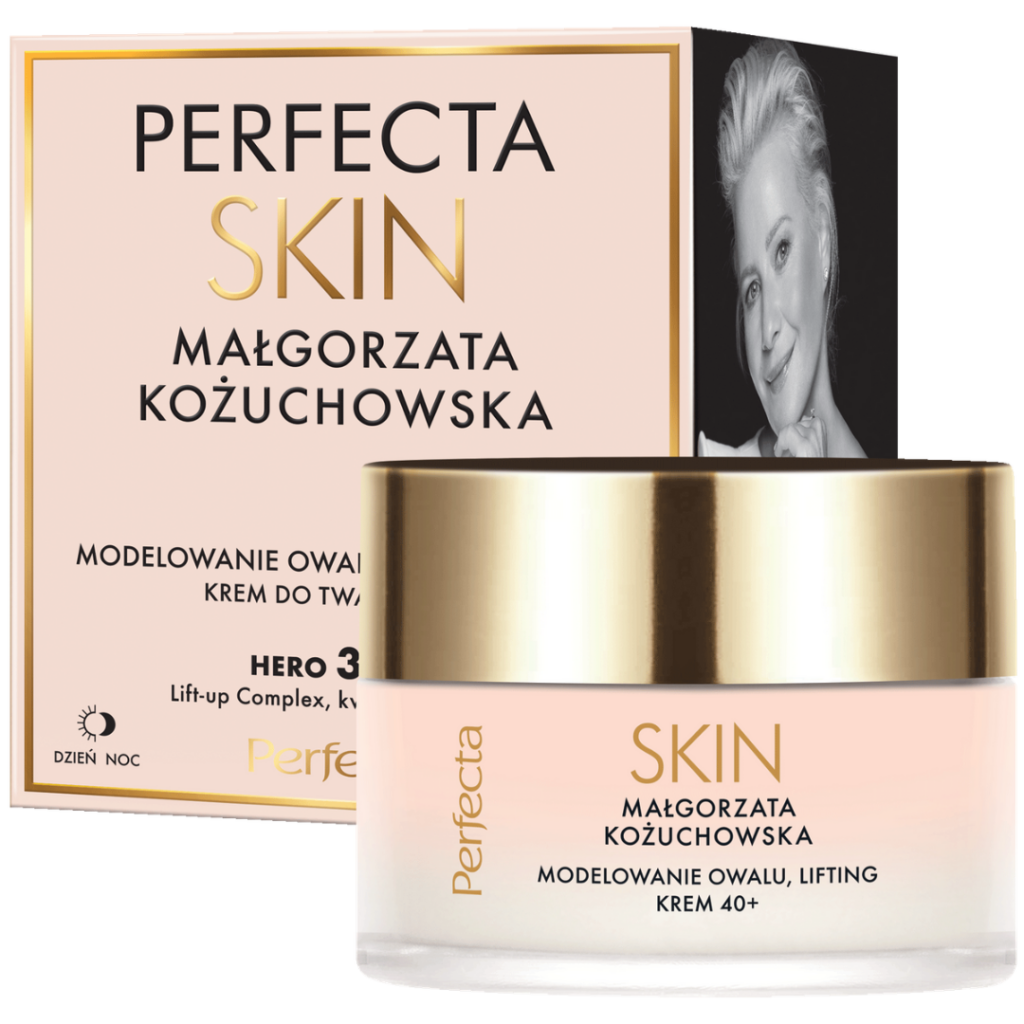 Perfecta Skin Hero 3 Oval Contouring and Lifting Face Cream 40+ with hyaluronic acid in a cosmetic jar and retail box.