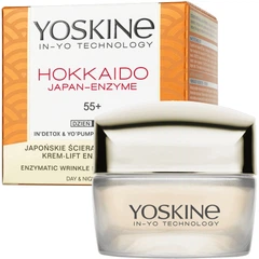 Yoskine Hokkaido Lift Eye 55+ eye and eyelid cream for mature skin in a cosmetic jar with retail packaging.