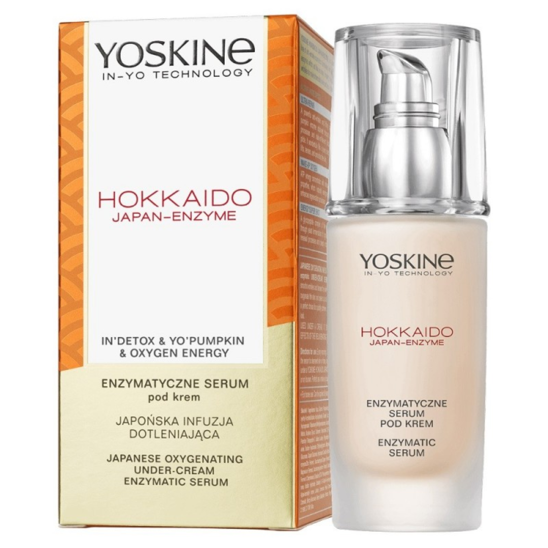 Yoskine Hokkaido Japan-Enzyme Enzymatic Serum under cream with Oxygen Energy Complex in a pump bottle and retail box.