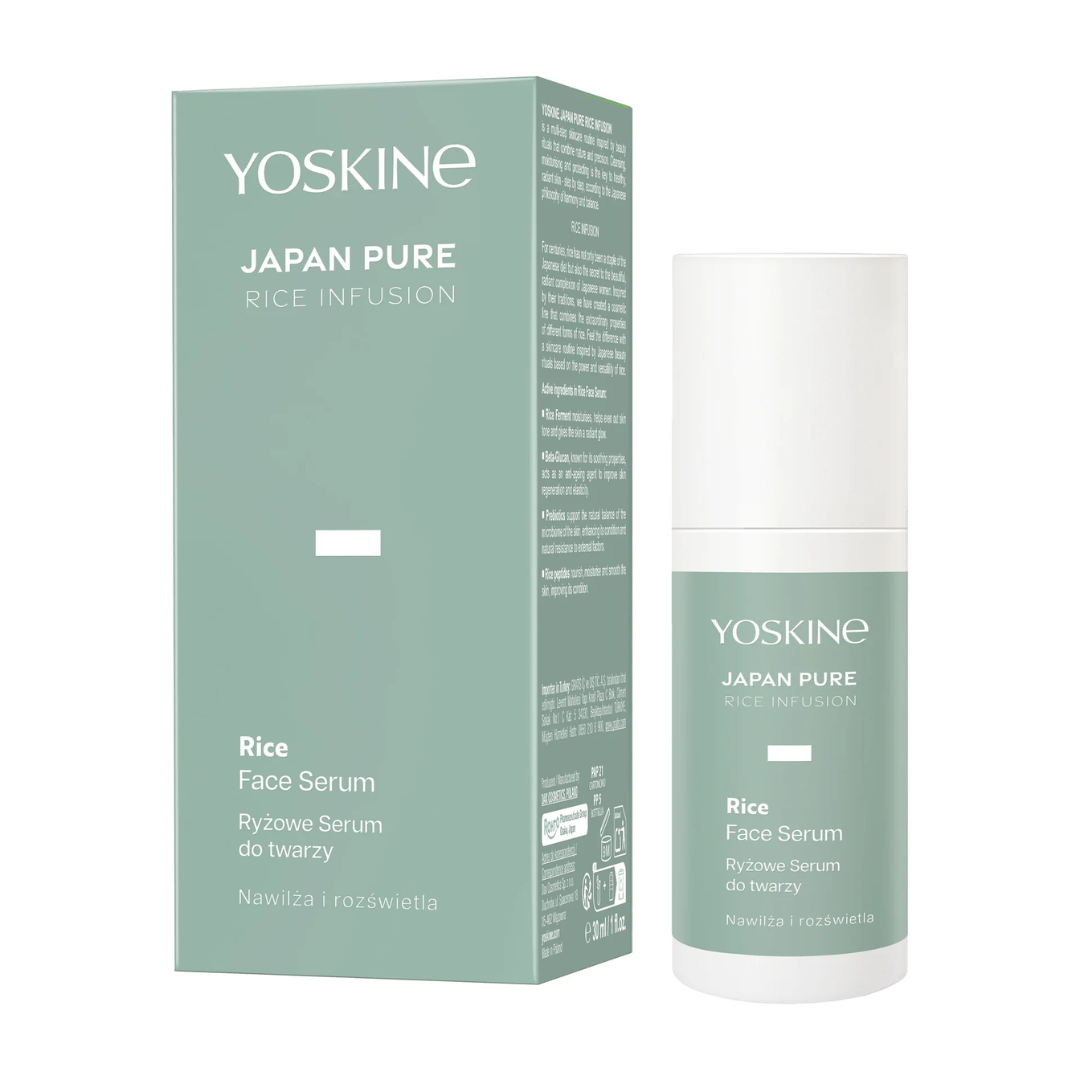 Yoskine Japan Pure Rice Infusion Rice Face Serum in an airless pump bottle with retail packaging for hydration and skin radiance.