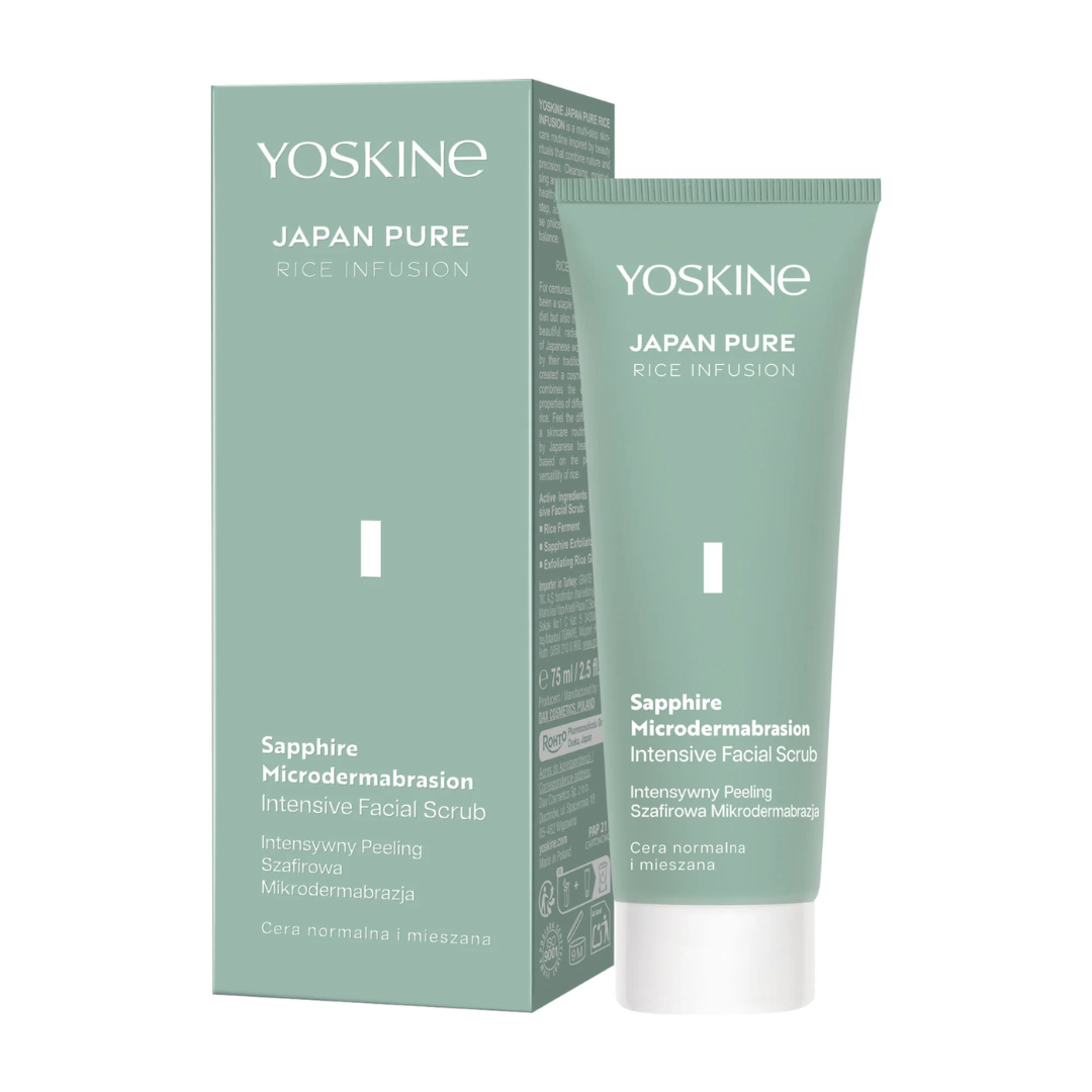 Yoskine Japan Pure Rice Infusion Sapphire Microdermabrasion Intensive Facial Scrub in a 75 ml tube with retail packaging