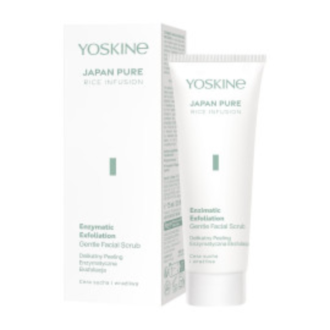 Yoskine Japan Pure Rice Infusion Enzymatic Exfoliation Gentle Facial Scrub in a white tube with retail packaging for sensitive and dry skin.