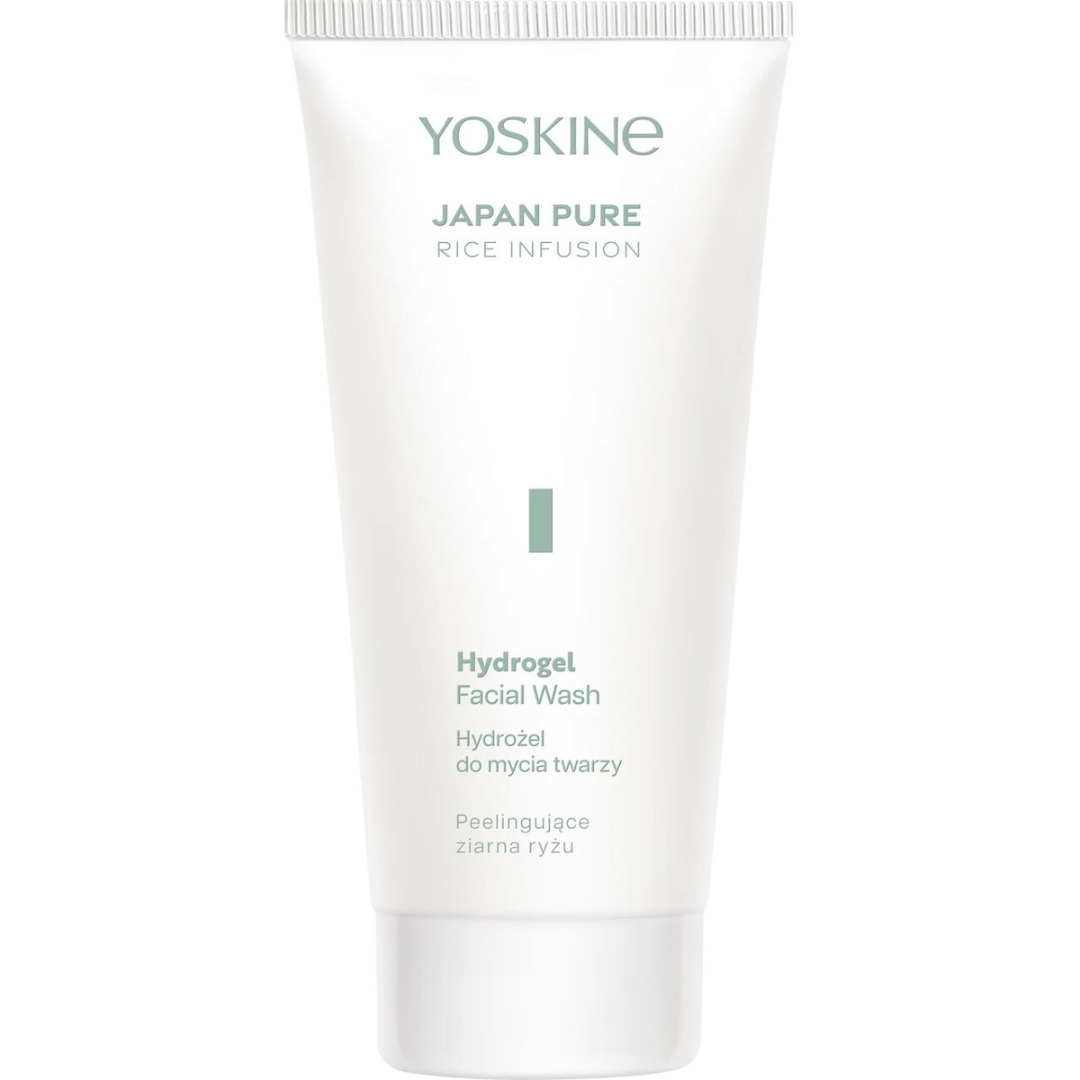 Yoskine Japan Pure Rice Infusion Hydrogel Facial Wash with exfoliating rice grains in a white cleansing tube.
