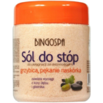 BingoSpa Foot Salt with oak bark and celandine extracts for cracked skin and athlete’s foot-prone feet in a large orange-lid jar.