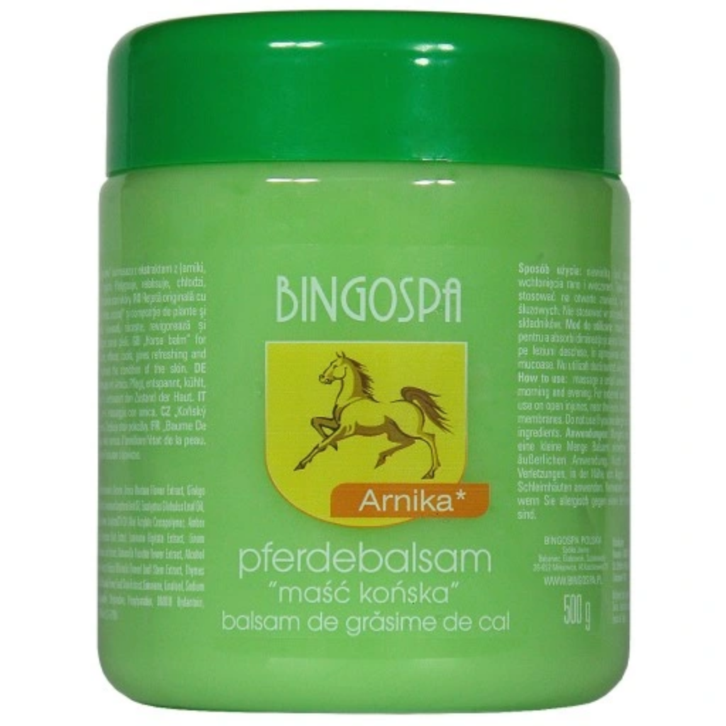 BingoSpa Arnica Horse Balm body massage balm with arnica extract in a 500 g green jar.