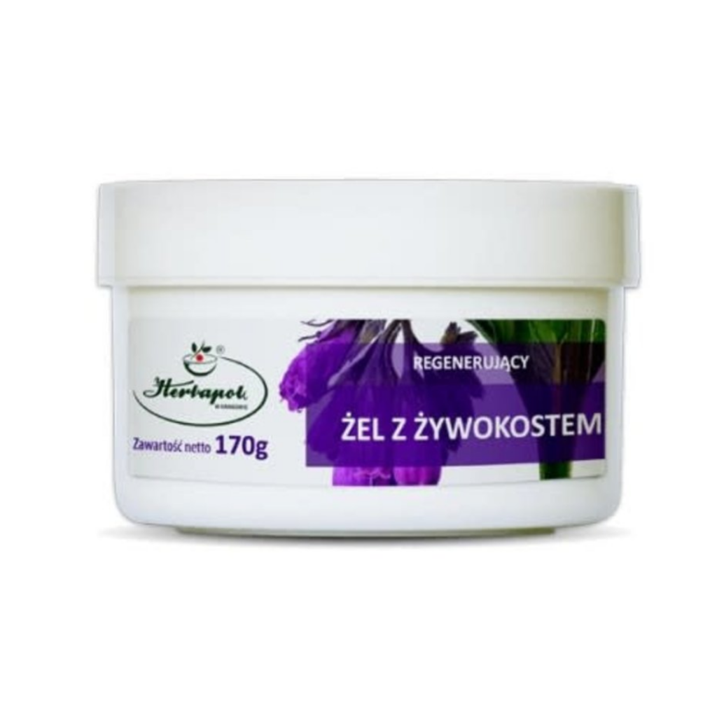 Herbapol Regenerating Comfrey Gel (Żel z Żywokostem) in a 170 g white jar with purple floral label.