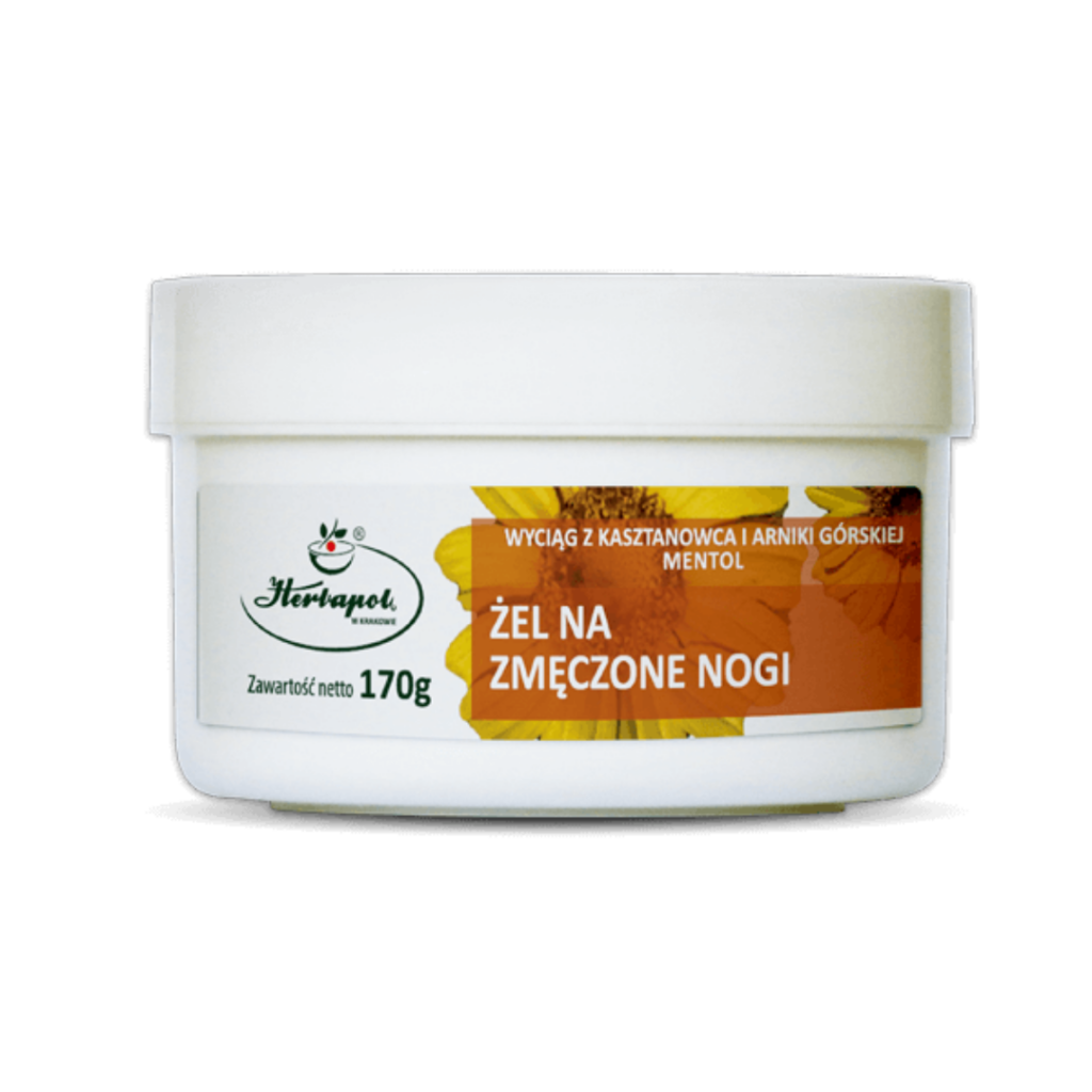 Herbapol Gel for Tired Legs with horse chestnut extract, mountain arnica, and menthol in a 170 g white jar.