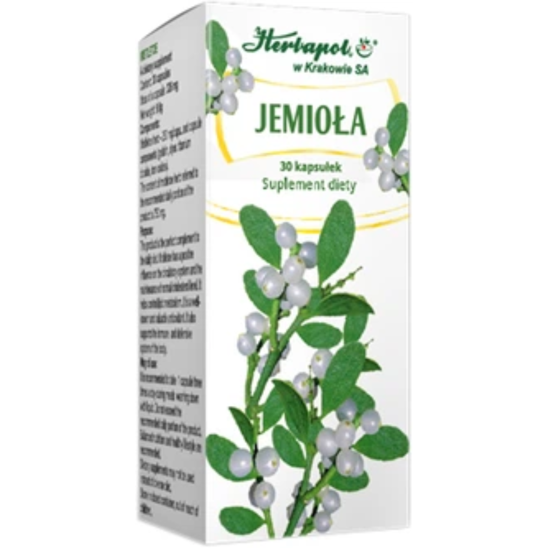 Herbapol Jemioła Mistletoe dietary supplement with 30 capsules in retail packaging featuring mistletoe berries and leaves.