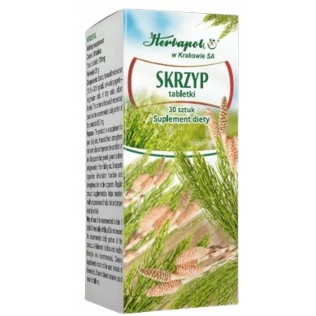 Herbapol Skrzyp Horsetail dietary supplement tablets, 30 count, in herbal-themed retail packaging.