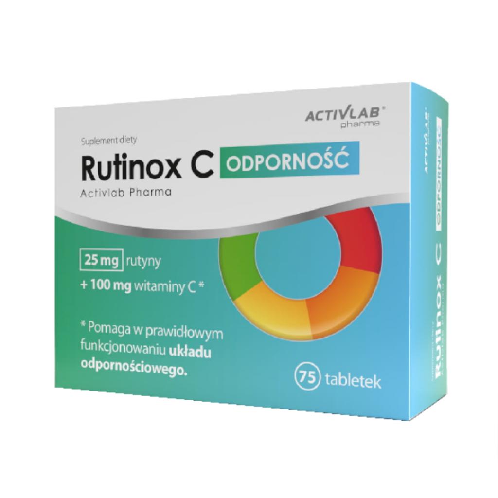 Activlab Pharma Rutinox C Odporność dietary supplement with rutin and vitamin C, 75 tablets, in blue and green packaging.