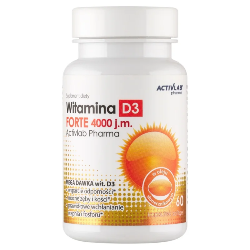 Activlab Pharma Vitamin D3 Forte 4000 IU dietary supplement with 60 softgel capsules in a white bottle with orange sun design.
