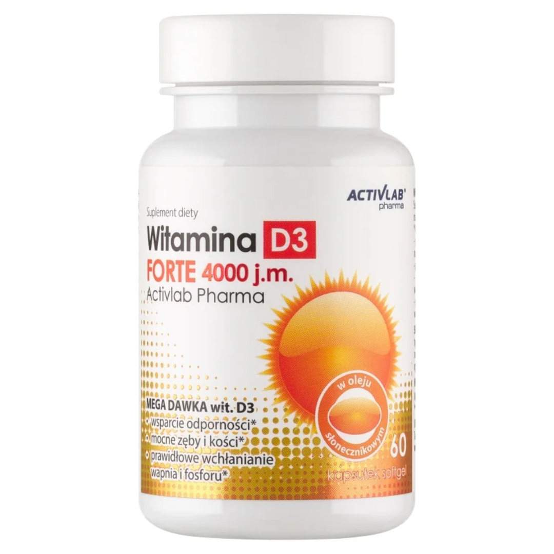 Activlab Pharma Vitamin D3 Forte 4000 IU dietary supplement with 60 softgel capsules in a white bottle with orange sun design.