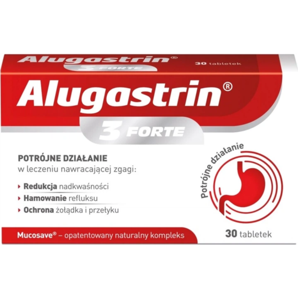 Alugastrin 3 Forte heartburn relief tablets, 30 count, with triple-action formula for acidity reduction, reflux control, and digestive tract protection.