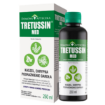 Domowa Apteczka Tretussin Med blackcurrant syrup 250 ml for cough, hoarseness, and throat irritation with Iceland moss, marshmallow root, and ivy leaf.