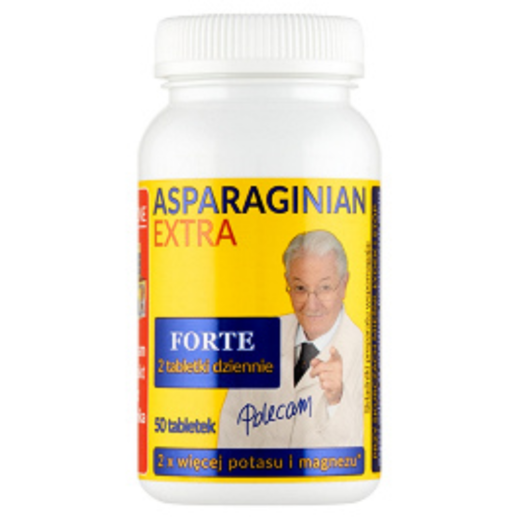 Asparaginian Extra Forte dietary supplement with potassium and magnesium, 50 tablets in a white bottle with yellow label.
