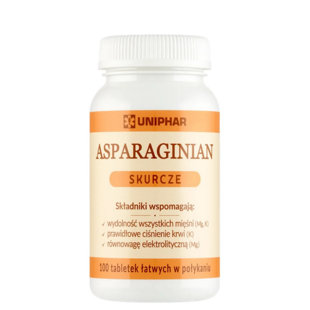 Uniphar Asparaginian Skurcze dietary supplement with magnesium and potassium, 100 easy-to-swallow tablets in a white bottle.