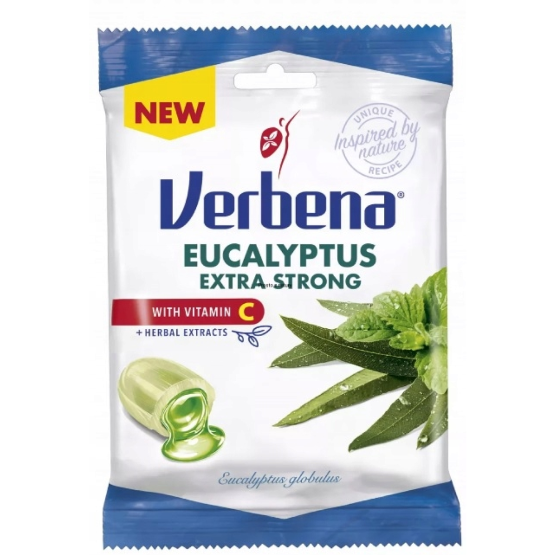 Verbena Eucalyptus Extra Strong lozenges with vitamin C and herbal extracts in a white and blue retail pouch.