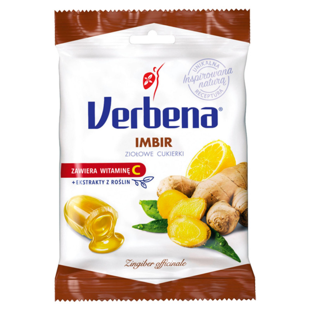 Verbena Imbir herbal candies with vitamin C and plant extracts in a white and brown pouch featuring fresh ginger root and lemon slices.