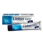 Lioton 1000 Gel with heparin sodium in a blue and white tube and box packaging for swelling, bruising, and heavy leg relief.