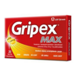 Gripex Max effervescent tablets, 20-count pack, red and orange cold and flu relief medication by USP Zdrowie.