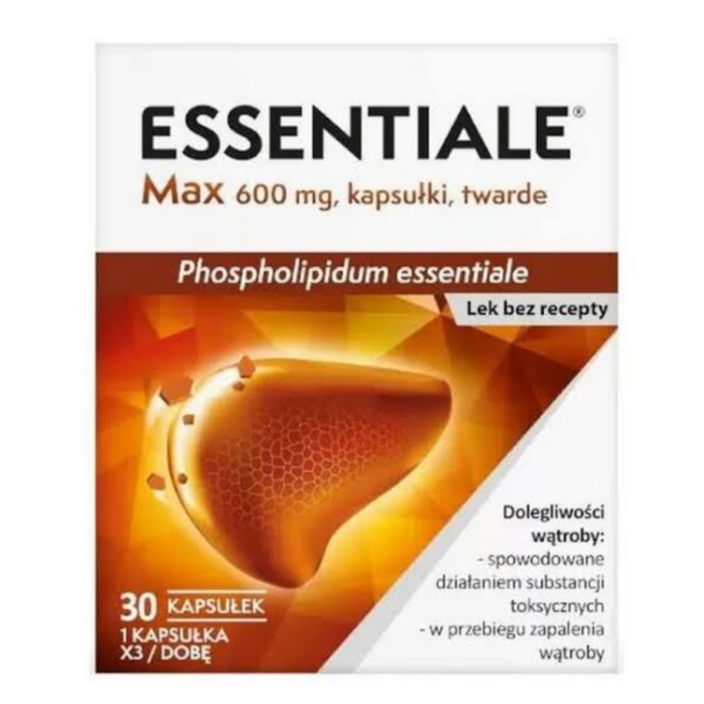 Box of Essentiale Max 600 mg hard capsules containing essential phospholipids for liver support, 30 capsules.