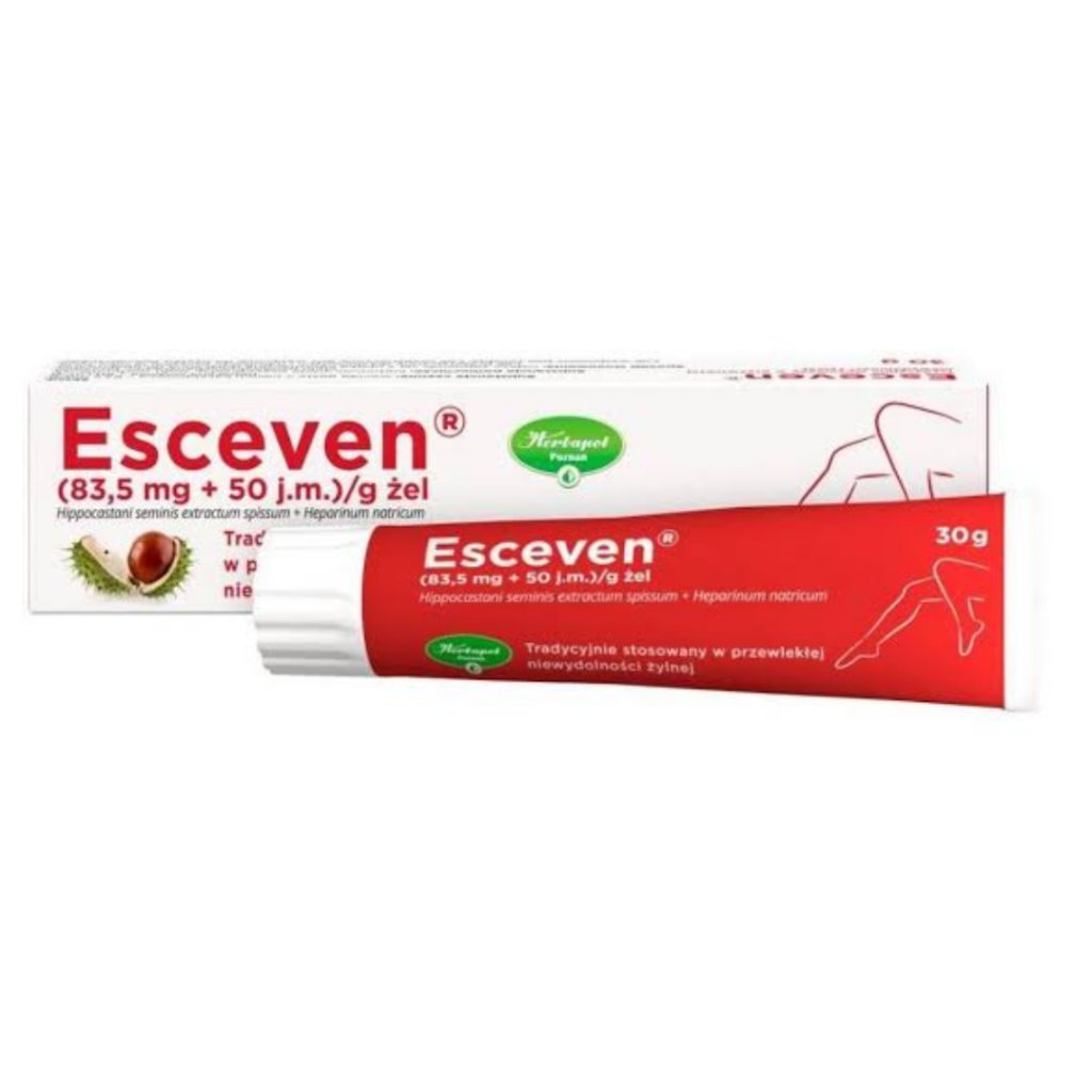 Tube and box of Esceven Gel 30 g containing horse chestnut seed extract and sodium heparin for relief of tired and heavy legs.