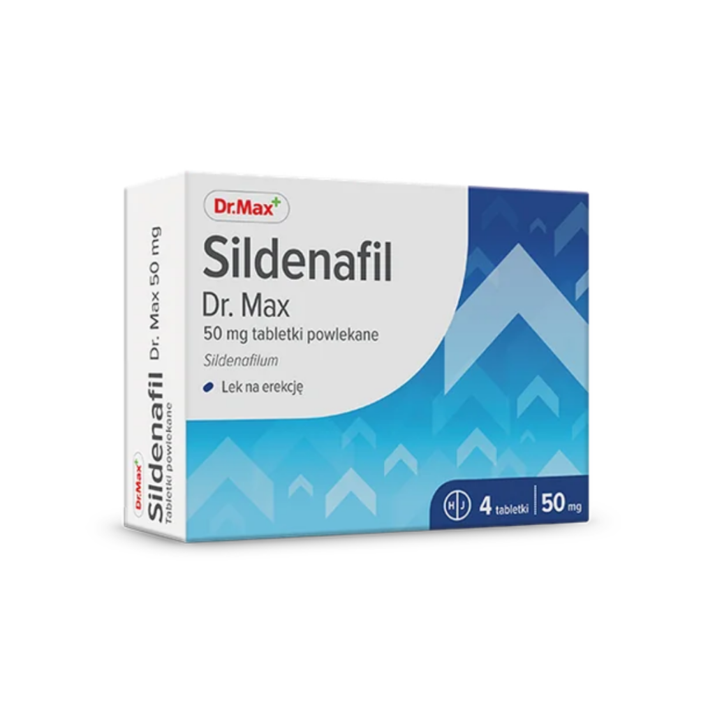 Box of Dr.Max Sildenafil 50 mg film-coated tablets for erectile dysfunction treatment, containing 4 tablets.