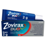 Box and tube of Zovirax Duo Cream 2 g containing aciclovir and hydrocortisone for the treatment of cold sores.