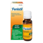 Bottle and box of Fenistil Oral Drops 1 mg/ml, antihistamine allergy relief solution containing dimetindene maleate, 20 ml.