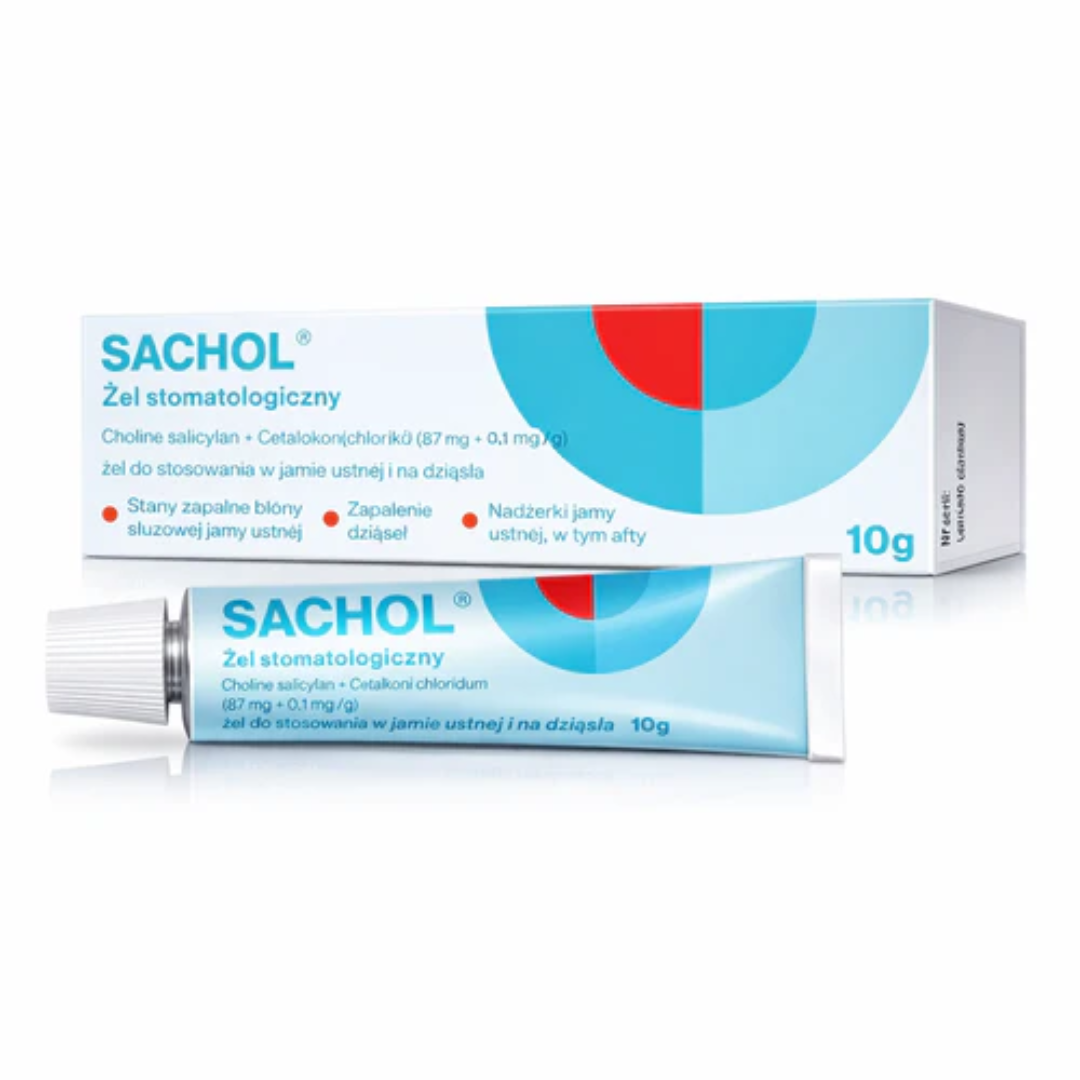 Tube and box of Sachol Dental Gel 10 g for mouth ulcers, gum inflammation, and oral mucosal irritation.