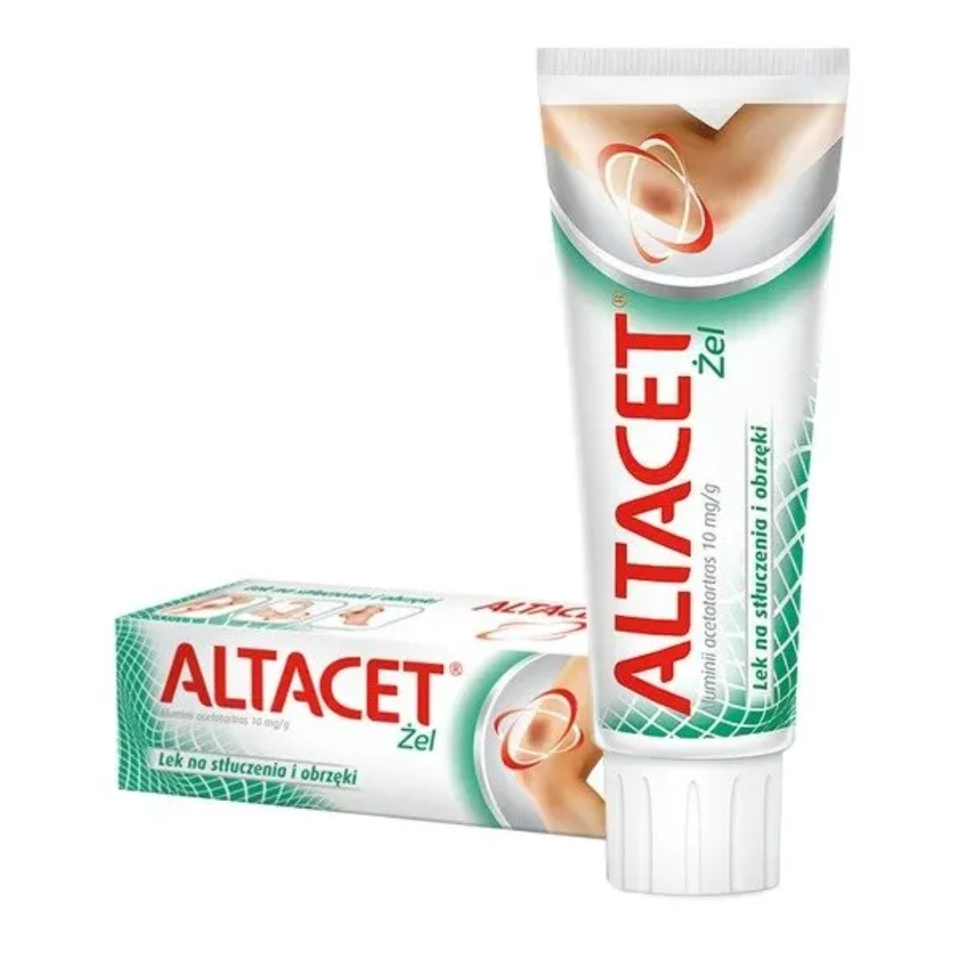Tube and box of Altacet Gel 35 g containing aluminium acetate tartrate for bruises, swelling, sprains, and minor injuries.