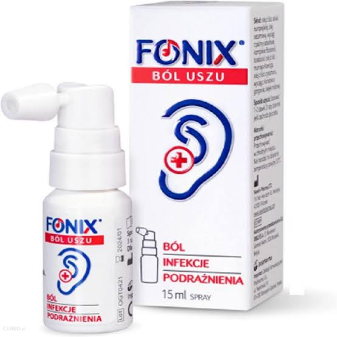Fonix Ear Pain Spray 15 ml with applicator nozzle, designed to help relieve ear pain, irritation, and discomfort.