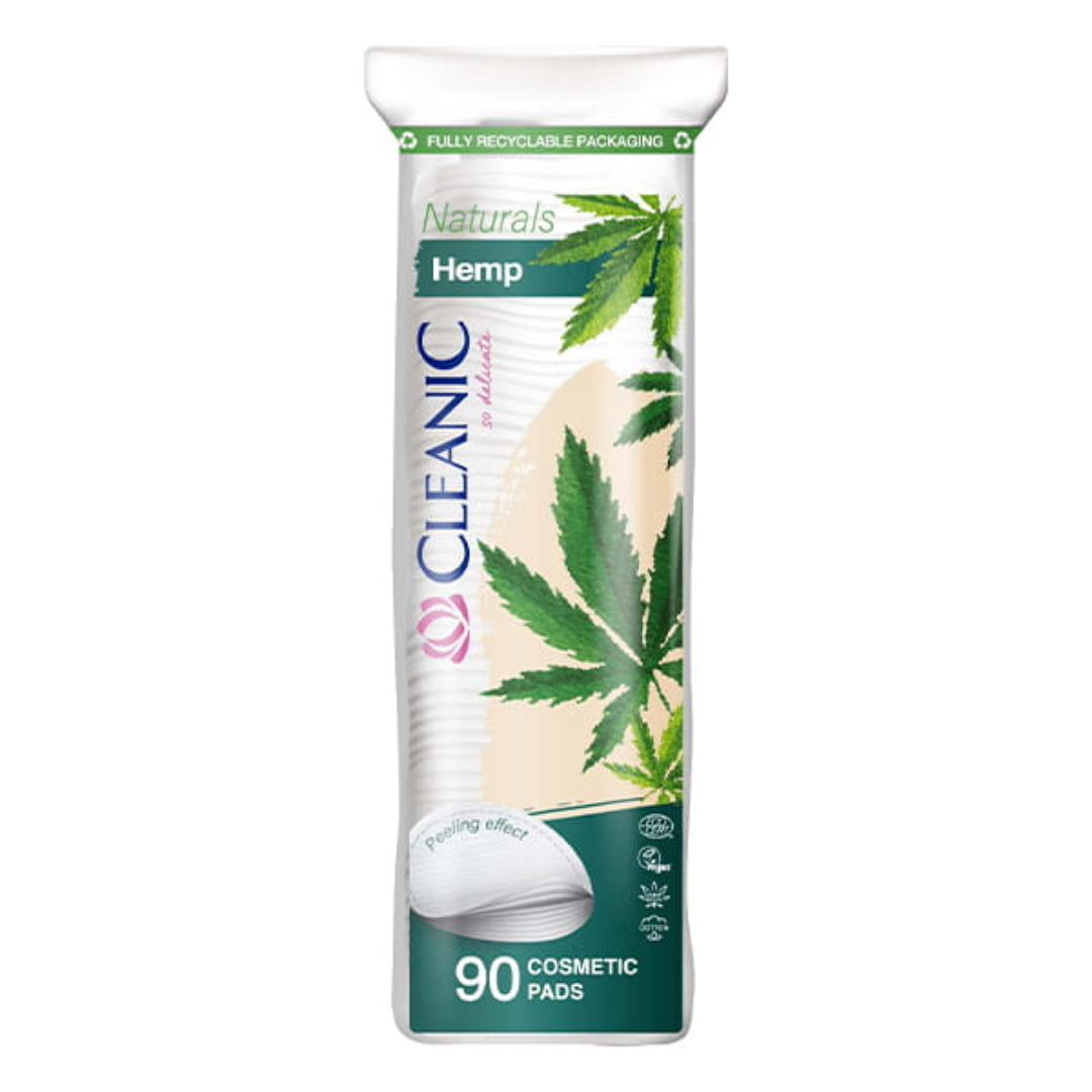 Pack of Cleanic Naturals Hemp cosmetic pads containing 90 textured pads for makeup removal, facial cleansing, and skincare application.