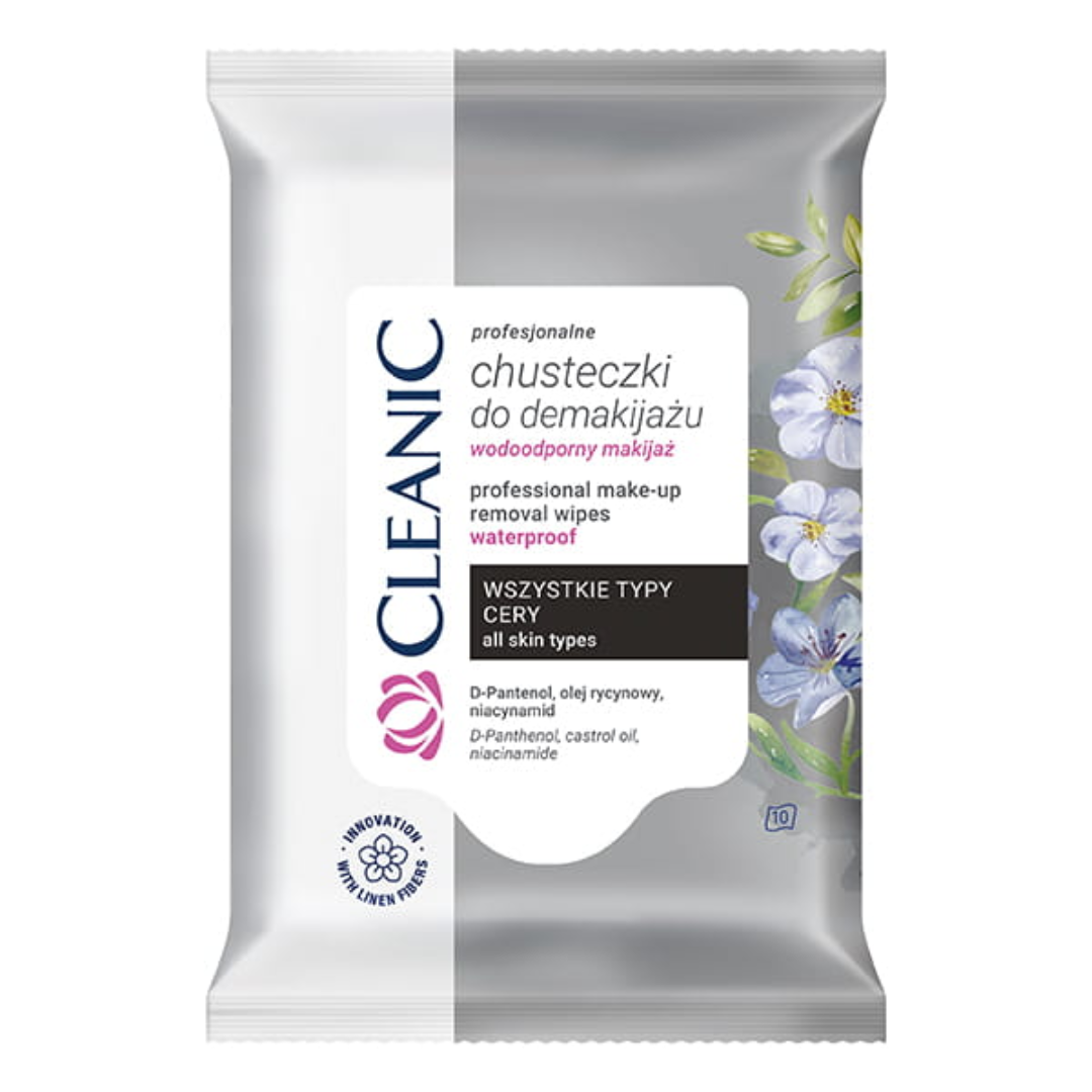 Pack of Cleanic Professional waterproof make-up removal wipes with D-Panthenol, castor oil, and niacinamide for all skin types, 10 wipes.