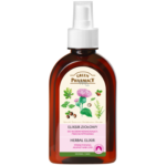 Green Pharmacy Herbal Elixir strengthening spray against hair loss in an amber bottle with herbal extracts for scalp and hair care.
