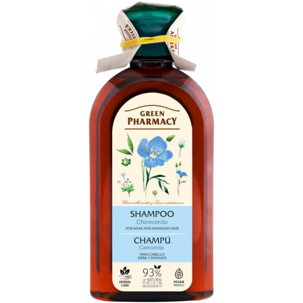 Green Pharmacy Chamomile Shampoo for weak and damaged hair in an amber bottle, made with 93% natural-origin ingredients and vegan formula.