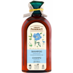 Green Pharmacy Chamomile Shampoo for weak and damaged hair in an amber bottle, made with 93% natural-origin ingredients and vegan formula.