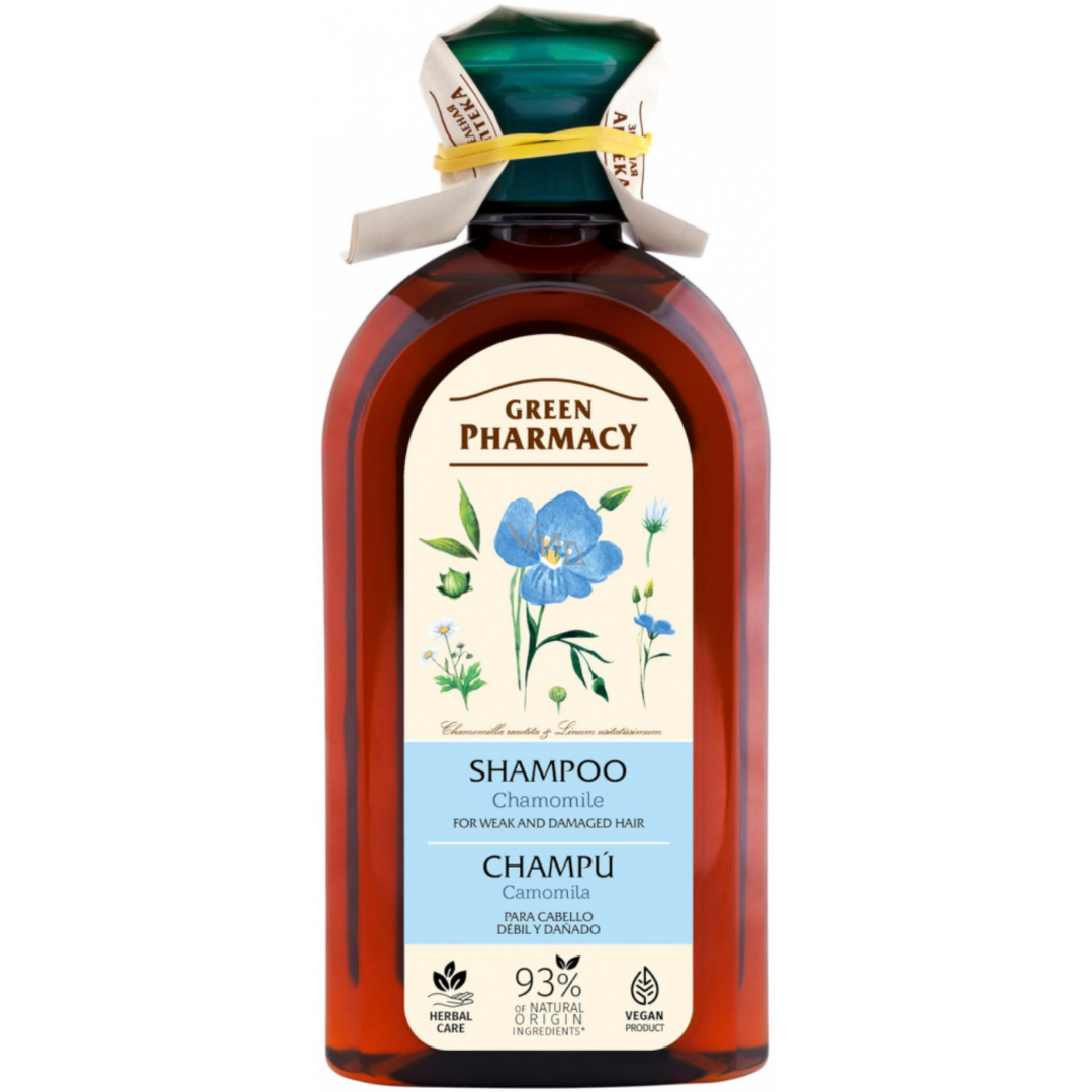 Green Pharmacy Chamomile Shampoo for weak and damaged hair in an amber bottle, made with 93% natural-origin ingredients and vegan formula.
