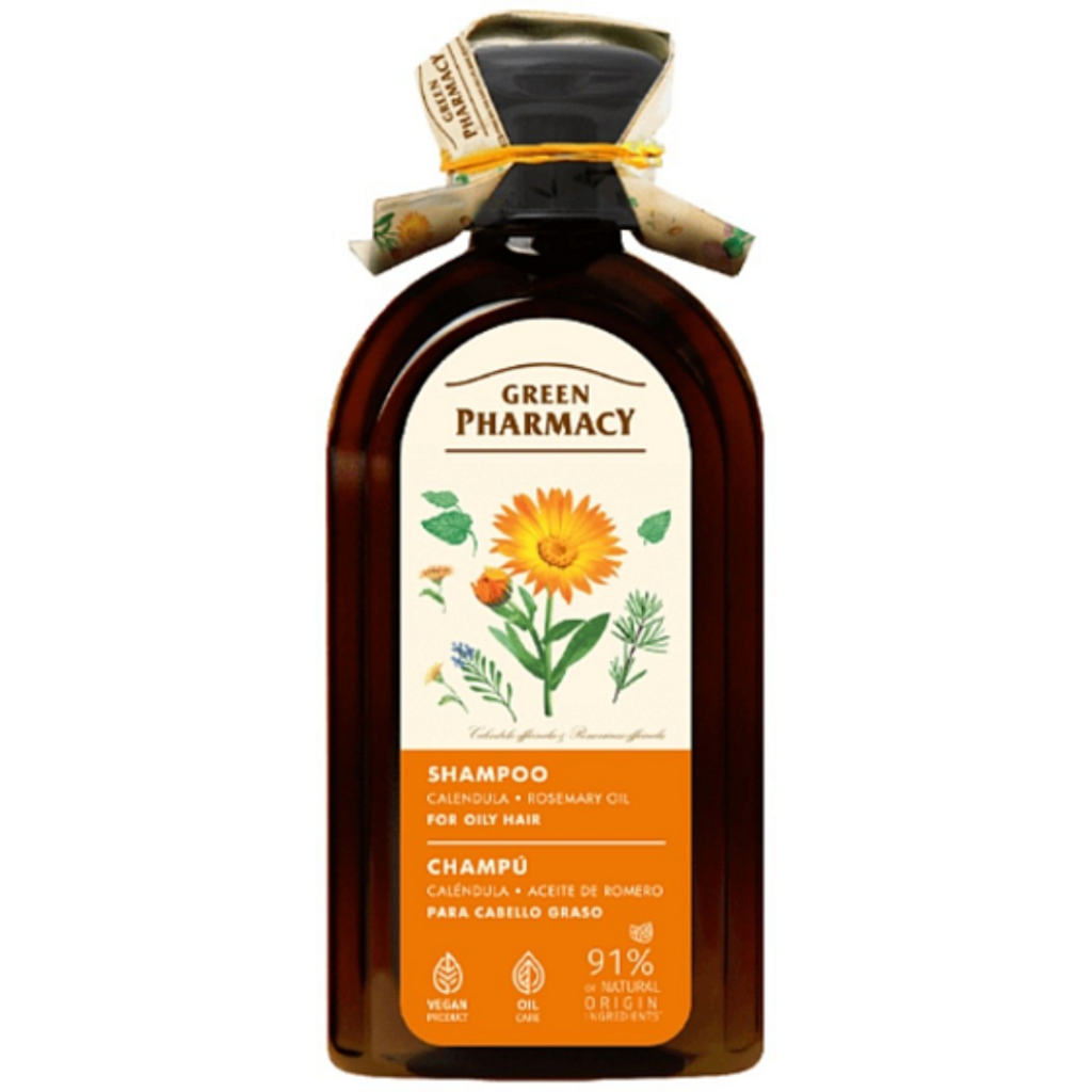 Green Pharmacy Calendula and Rosemary Oil Shampoo for oily hair in an amber bottle with botanical extracts and 91% natural-origin ingredients.