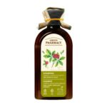Green Pharmacy Shampoo with ginseng and Moroccan mint oil for sensitive scalp in a 350ml amber bottle with botanical label.