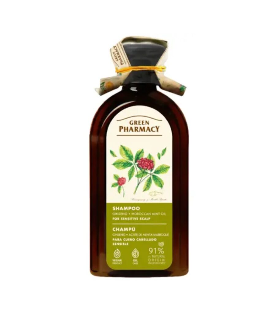 Green Pharmacy Shampoo with ginseng and Moroccan mint oil for sensitive scalp in a 350ml amber bottle with botanical label.