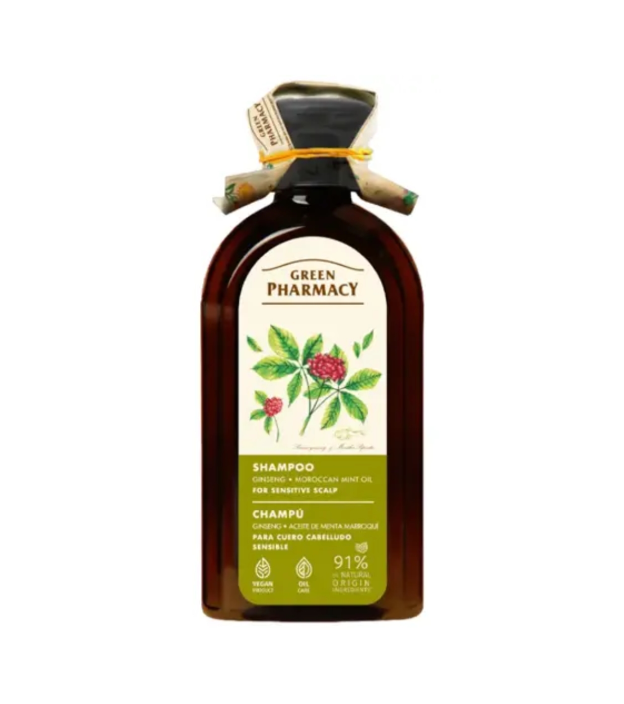Green Pharmacy Shampoo with ginseng and Moroccan mint oil for sensitive scalp in a 350ml amber bottle with botanical label.
